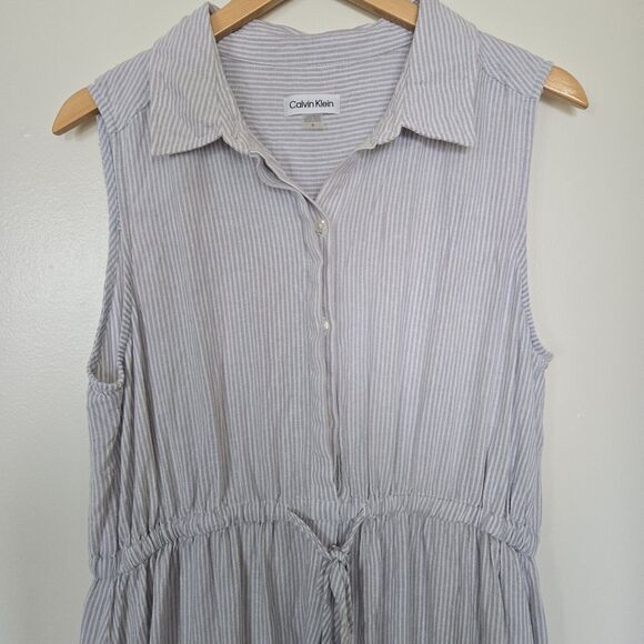Calvin Klein Maxi Dress Sz 14 Blue Striped Linen Tiered Sleeveless A-Line - Picture 8 of 15